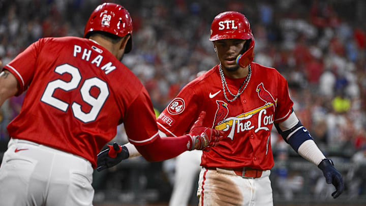Aug 16, 2024; St. Louis, Missouri, USA; St. Louis Cardinals shortstop Masyn Winn (0) celebrates with left fielder Tommy Pham (29) after hitting a solo home run against the Los Angeles Dodgers during the third inning at Busch Stadium. Mandatory Credit: Jeff Curry-Imagn Images Aug 16, 2024; St. Louis, Missouri, USA; St. Louis Cardinals shortstop Masyn Winn (0) celebrates with left fielder Tommy Pham (29) after hitting a solo home run against the Los Angeles Dodgers during the third inning at Busch Stadium. Mandatory Credit: Jeff Curry-Imagn Images