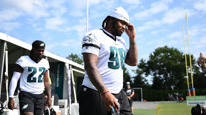 Jul 23, 2025; Philadelphia, PA, USA; Philadelphia Eagles defensive tackle Jalen Carter (98) enters the field during training camp at NovaCare Complex. Jul 23, 2025; Philadelphia, PA, USA; Philadelphia Eagles defensive tackle Jalen Carter (98) enters the field during training camp at NovaCare Complex.