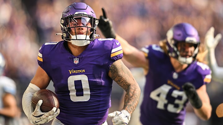 Oct 20, 2024; Minneapolis, Minnesota, USA; Minnesota Vikings linebacker Ivan Pace Jr. (0) returns a fumble 36 yards for a touchdown against the Detroit Lions during the fourth quarter at U.S. Bank Stadium.