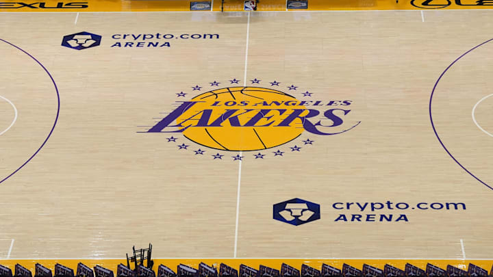 Dec 18, 2023; Los Angeles, California, USA; The Los Angeles Lakers logo at center court at the Crypto.com Arena. Mandatory Credit: Kirby Lee-Imagn Images