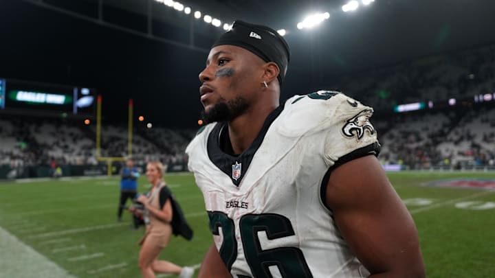 Sep 6, 2024; Sao Paulo, Brazil; Philadelphia Eagles running back Saquon Barkley (26) leaves the field after the 2024 NFL Sao Paolo Game against the Green Bay Packers at Neo Quimica Arena. Mandatory Credit: Kirby Lee-Imagn Images Sep 6, 2024; Sao Paulo, Brazil; Philadelphia Eagles running back Saquon Barkley (26) leaves the field after the 2024 NFL Sao Paolo Game against the Green Bay Packers at Neo Quimica Arena. Mandatory Credit: Kirby Lee-Imagn Images