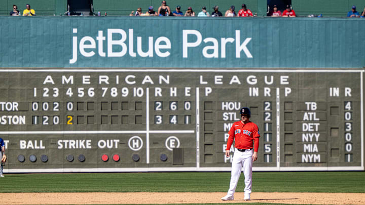 Feb 23, 2025; Fort Myers, Florida, USA; Boston Red Sox infielder Alex Bregman (2) takes a lead off second base after hitting a double in the fourth inning of their game against the Toronto Blue Jays at JetBlue Park at Fenway South. Mandatory Credit: Chris Tilley-Imagn Images Feb 23, 2025; Fort Myers, Florida, USA; Boston Red Sox infielder Alex Bregman (2) takes a lead off second base after hitting a double in the fourth inning of their game against the Toronto Blue Jays at JetBlue Park at Fenway South. Mandatory Credit: Chris Tilley-Imagn Images