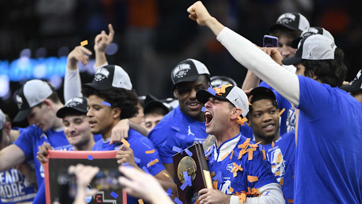 Mar 29, 2025; San Francisco, CA, USA; Florida Gators head coach Todd Golden celebrates after defeating the Texas Tech Red Raiders during the West Regional final of the 2025 NCAA tournament at Chase Center. Mandatory Credit: Eakin Howard-Imagn Images