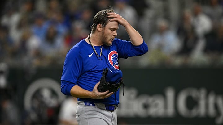 Mar 28, 2024; Arlington, Texas, USA; Chicago Cubs starting pitcher Justin Steele (35) comes off the Mar 28, 2024; Arlington, Texas, USA; Chicago Cubs starting pitcher Justin Steele (35) comes off the