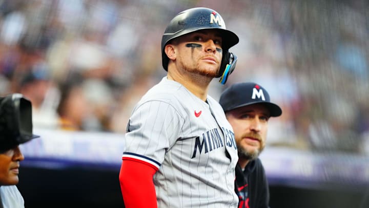 Sep 29, 2023; Denver, Colorado, USA; Minnesota Twins catcher Christian Vazquez (8) during the first