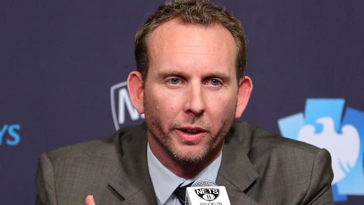 Feb 19, 2016; Brooklyn, NY, USA; Brooklyn Nets new general manager Sean Marks speaks to the media during a press conference before a game against the New York Knicks at Barclays Center. Mandatory Credit: Brad Penner-Imagn Images
