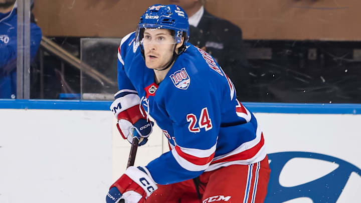 Apr 5, 2026; New York, New York, USA; New York Rangers left wing Tye Kartye (24) skates against the Washington Capitals during the first period at Madison Square Garden. Mandatory Credit: Danny Wild-Imagn Images