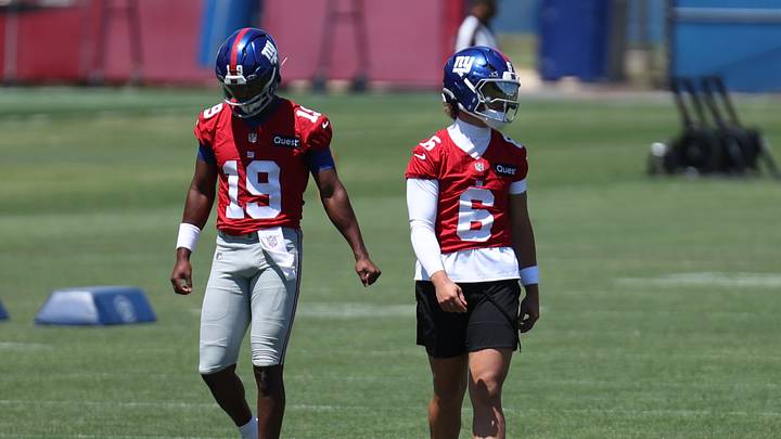 Jun 9, 2026; East Rutherford, NJ, USA; New York Giants quarterbacks Jaxson Dart (6), Jameis Winston (19) and Brandon Allen (12) participate in drills during the minicamp activities at Quest Diagnostics Center. Jun 9, 2026; East Rutherford, NJ, USA; New York Giants quarterbacks Jaxson Dart (6), Jameis Winston (19) and Brandon Allen (12) participate in drills during the minicamp activities at Quest Diagnostics Center.