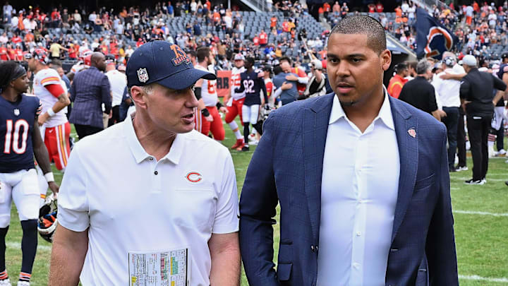 Aug 13, 2022; Chicago, Illinois, USA;  Chicago Bears head coach Matt Eberflus, left, and general