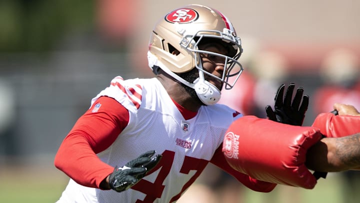 Jun 11, 2025; Santa Clara, CA, USA; San Francisco 49ers defensive end Bryce Huff (47) participates in a pass rush drill during a team OTA at Levi's Stadium. Mandatory Credit: D. Ross Cameron-Imagn Images