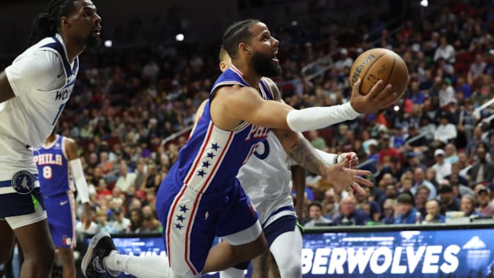 Oct 11, 2024; Des Moines, Iowa, USA; Philadelphia 76ers forward Caleb Martin (16) drives to the basket against the Minnesota Timberwolves at Wells Fargo Arena. Mandatory Credit: Reese Strickland-Imagn Images Oct 11, 2024; Des Moines, Iowa, USA; Philadelphia 76ers forward Caleb Martin (16) drives to the basket against the Minnesota Timberwolves at Wells Fargo Arena. Mandatory Credit: Reese Strickland-Imagn Images