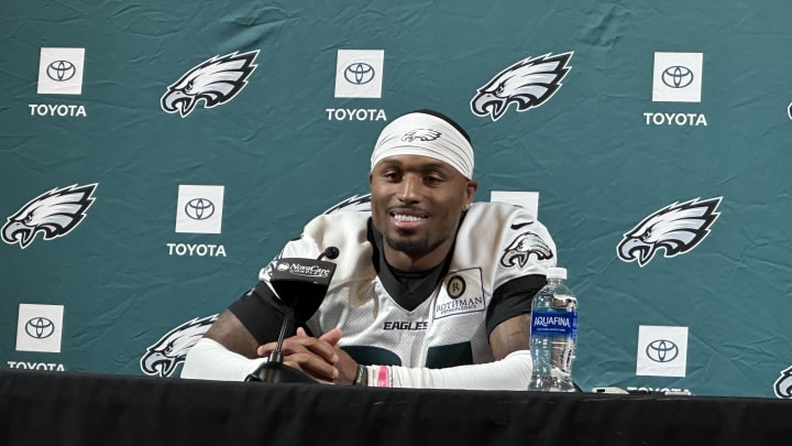 Isaiah Rodgers meets with the media following the Philadelphia Eagles OTA practice on May 30, 2024.