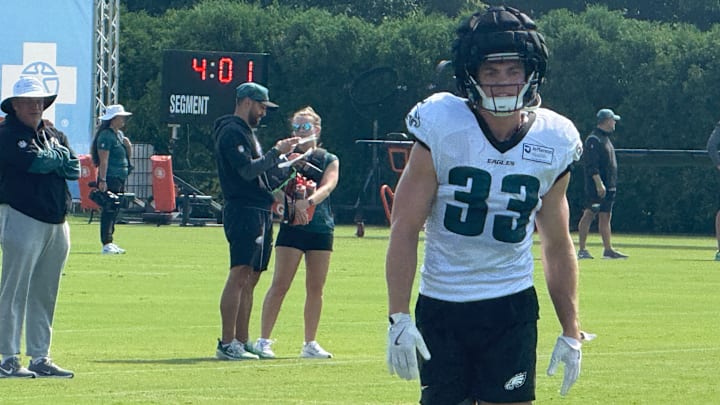 Cooper DeJean gets ready for a punt return drill during Day 6 of Eagles training camp. Cooper DeJean gets ready for a punt return drill during Day 6 of Eagles training camp.