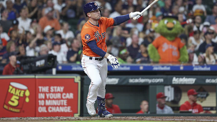 Houston Astros third baseman Alex Bregman hits a home run against the Los Angeles Angels on Sept. 20 at Minute Maid Park.