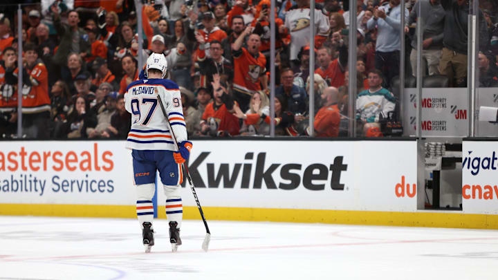 Apr 24, 2026; Anaheim, California, USA;  Edmonton Oilers center Connor McDavid (97) heads to a penalty box during the third period against the Anaheim Ducks in game three of the first round of the 2026 Stanley Cup Playoffs at Honda Center. Mandatory Credit: Kiyoshi Mio-Imagn Images