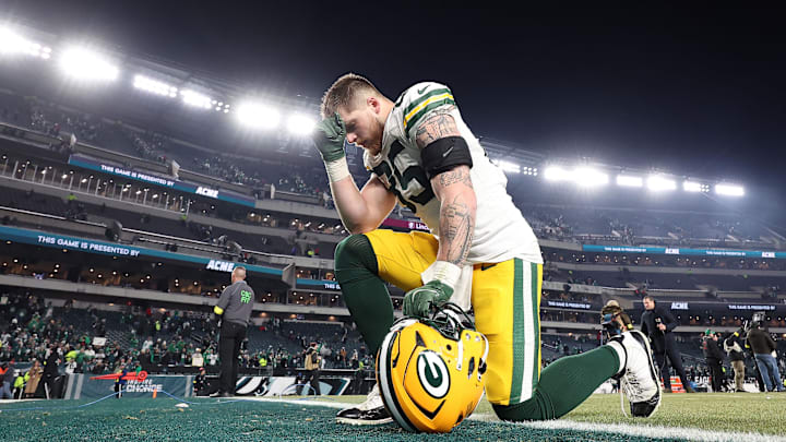 Green Bay Packers tight end Tucker Kraft (85) reacts after the game against the Philadelphia Eagles in an NFC wild card game at Lincoln Financial Field. 