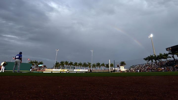 Mar 21, 2024; Bradenton, Florida, USA; A general view of LECOM Park with a rainbow over the stadium during the game between the Pittsburgh Pirates and Toronto Blue Jays. Mandatory Credit: Kim Klement Neitzel-Imagn Images