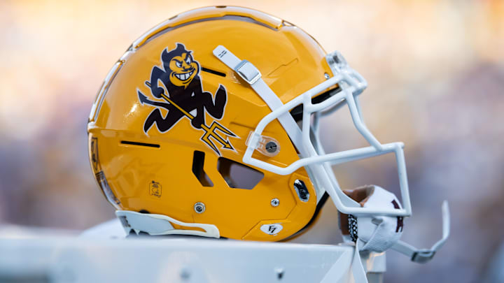 Nov 23, 2024; Tempe, Arizona, USA; Detailed view of an Arizona State Sun Devils helmet at Mountain America Stadium. Mandatory Credit: Mark J. Rebilas-Imagn Images