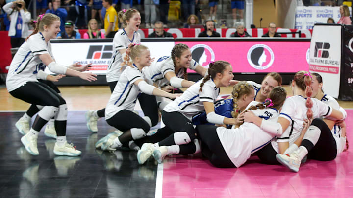 Ankeny Christian celebrates winning the Class 1A state volleyball championship against BCLUW Thursday, Nov. 7, 2024 at Xtream Arena in Coralville, Iowa.