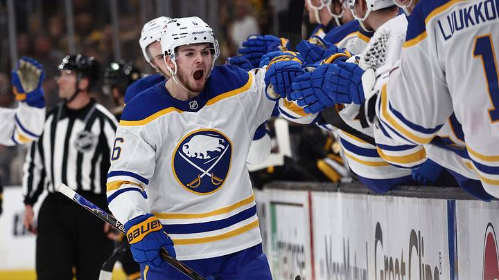 May 1, 2026; Boston, Massachusetts, USA; Buffalo Sabres left wing Zach Benson (6) celebrates with teammates after scoring against the Boston Bruins during the third period of game six of the first round of the 2026 Stanley Cup Playoffs at TD Garden. Mandatory Credit: Winslow Townson-Imagn Images