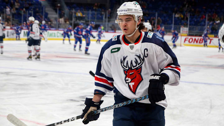 Torpedo Hockey Club player, Bogdan Konyushkov (6) seen in...
