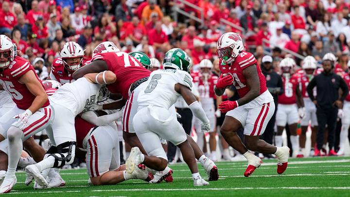 Sep 19, 2026; Madison, Wisconsin, USA;  Wisconsin Badgers running back Bryan Jackson II (21) during the game against the Eastern Michigan Eagles at Camp Randall Stadium. Mandatory Credit: Jeff Hanisch-Imagn Images