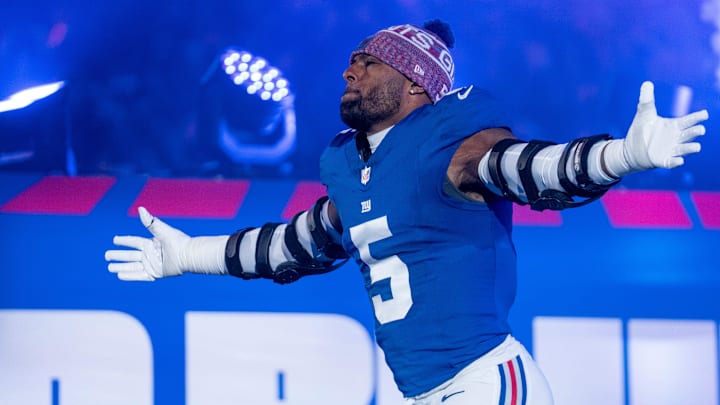 New York Giants linebacker Kayvon Thibodeaux (5) runs out of the tunnel during a Thursday Night Football game between the New York Giants and the Philadelphia Eagles at MetLife Stadium in East Rutherford on Oct. 9, 2025. New York Giants linebacker Kayvon Thibodeaux (5) runs out of the tunnel during a Thursday Night Football game between the New York Giants and the Philadelphia Eagles at MetLife Stadium in East Rutherford on Oct. 9, 2025.
