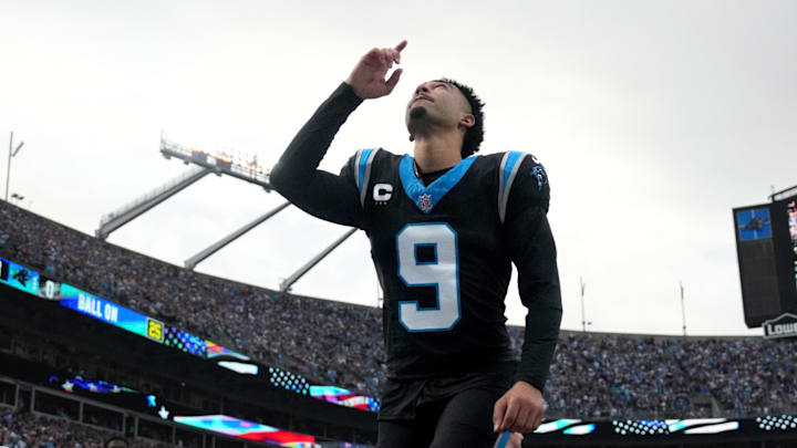 Jan 10, 2026; Charlotte, NC, USA; Carolina Panthers quarterback Bryce Young (9) reflects before an NFC Wild Card Round game at Bank of America Stadium. Mandatory Credit: Bob Donnan-Imagn Images