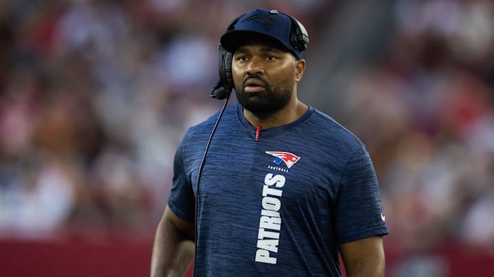 Dec 15, 2024; Glendale, Arizona, USA; New England Patriots head coach Jerod Mayo against the Arizona Cardinals in the second half at State Farm Stadium.