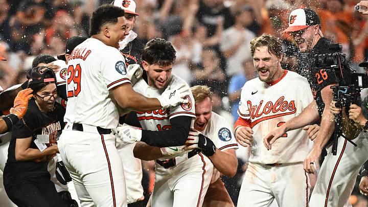 Aug 22, 2026; Baltimore, Maryland, USA; Baltimore Orioles right fielder Dylan Beavers (12) and teammates celebrate a win against the Tampa Bay Rays at Oriole Park at Camden Yards. Mandatory Credit: James A. Pittman-Imagn Images Aug 22, 2026; Baltimore, Maryland, USA; Baltimore Orioles right fielder Dylan Beavers (12) and teammates celebrate a win against the Tampa Bay Rays at Oriole Park at Camden Yards. Mandatory Credit: James A. Pittman-Imagn Images