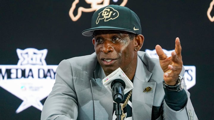 Jul 9, 2025; Frisco, TX, USA; Colorado head coach Deion Sanders speaks with the media during 2025 Big 12 Football Media Days at The Star. Mandatory Credit: Raymond Carlin III-Imagn Images Jul 9, 2025; Frisco, TX, USA; Colorado head coach Deion Sanders speaks with the media during 2025 Big 12 Football Media Days at The Star. Mandatory Credit: Raymond Carlin III-Imagn Images