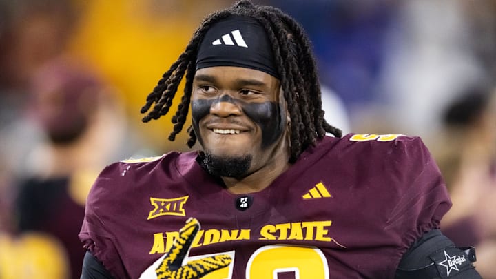 Nov 28, 2025; Tempe, Arizona, USA; Arizona State Sun Devils offensive lineman Max Iheanachor (58) against the Arizona Wildcats during the 99th Territorial Cup at Mountain America Stadium. Mandatory Credit: Mark J. Rebilas-Imagn Images