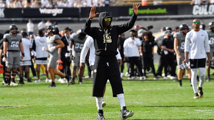 Sep 30, 2023; Boulder, Colorado, USA; Colorado Buffaloes head coach Deion Sanders walks the field