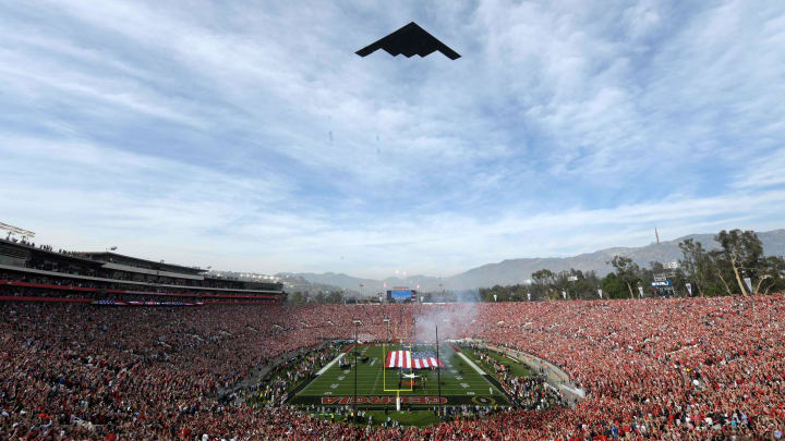 Jan 1, 2018; Pasadena, CA, USA; Genera overall view of   B-2 Stealth Bomber flyover during the playing of the national anthem with a United States flag on the field before the 2018 Rose Bowl college football playoff semifinal game between the Georgia Bulldogs and the Oklahoma Sooners at Rose Bowl Stadium. Georgia defefated Oklahoma 54-48 in two overtimes. Mandatory Credit: Kirby Lee-USA TODAY Sports