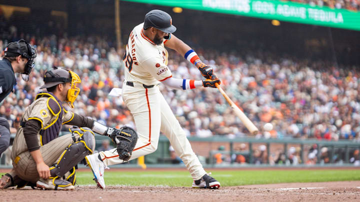 Sep 15, 2024; San Francisco, California, USA; San Francisco Giants outfielder Jerar Encarnacion (59) grounds out during the ninth inning against the San Diego Padres at Oracle Park. Mandatory Credit: Bob Kupbens-Imagn Images