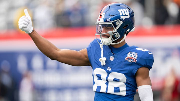 New York Giants wide receiver Darius Slayton (86) gestures during warm ups before a game between New York Giants and Indianapolis Colts at MetLife Stadium on Sunday, Dec. 29, 2024.