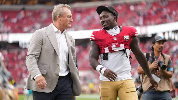 Sep 20, 2026; Santa Clara, California, USA; San Francisco 49ers wide receiver Deebo Samuel Sr. (19) talks with general manager John Lynch after the game against the Miami Dolphins at Levi's Stadium. Mandatory Credit: Cary Edmondson-Imagn Images Sep 20, 2026; Santa Clara, California, USA; San Francisco 49ers wide receiver Deebo Samuel Sr. (19) talks with general manager John Lynch after the game against the Miami Dolphins at Levi's Stadium. Mandatory Credit: Cary Edmondson-Imagn Images