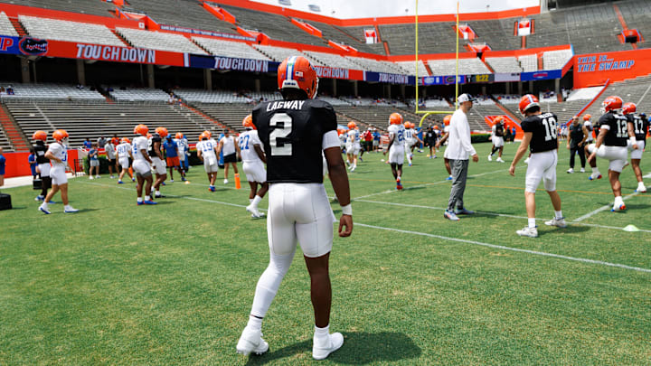 Florida Gators quarterback DJ Lagway (2) looks on during fall football practice at Ben Hill Griffin Stadium at the University of Florida in Gainesville, FL on Saturday, August 2, 2025. [Matt Pendleton/Gainesville Sun]