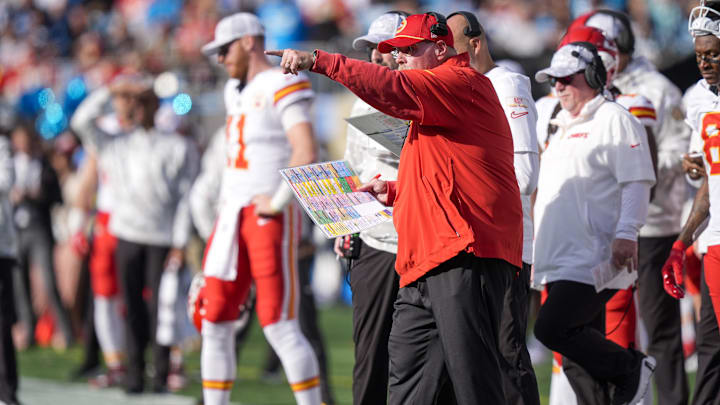 Kansas City Chiefs head coach Andy Reid yells out to his offense during the second quarter against the Carolina Panthers at Bank of America Stadium.