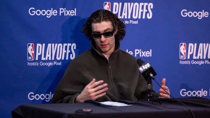 Apr 29, 2024; New Orleans, Louisiana, USA; Oklahoma City Thunder guard Josh Giddey (3) talks to the media after defeating the New Orleans Pelicans during game four of the first round for the 2024 NBA playoffs at Smoothie King Center. Mandatory Credit: Stephen Lew-USA TODAY Sports