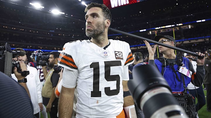 Former Cleveland Browns quarterback Joe Flacco (15) on the field after a 2024 AFC wild card game against the Houston Texans at NRG Stadium.