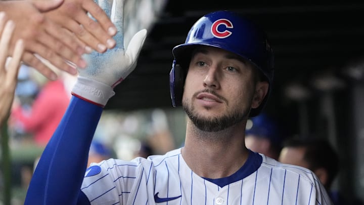 Oct 2, 2025; Chicago, Illinois, USA; Chicago Cubs outfielder Kyle Tucker (30) is greeted in the dugout after scoring against the San Diego Padres during game three of the Wildcard round for the 2025 MLB playoffs at Wrigley Field. Mandatory Credit: David Banks-Imagn Images Oct 2, 2025; Chicago, Illinois, USA; Chicago Cubs outfielder Kyle Tucker (30) is greeted in the dugout after scoring against the San Diego Padres during game three of the Wildcard round for the 2025 MLB playoffs at Wrigley Field. Mandatory Credit: David Banks-Imagn Images