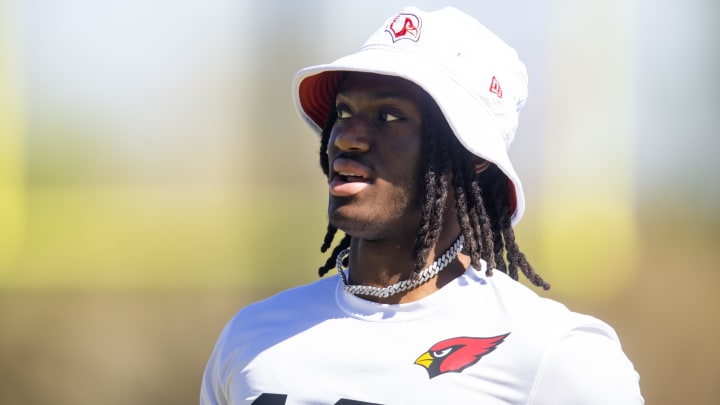 May 10, 2024; Tempe, AZ, USA; Arizona Cardinals wide receiver Marvin Harrison Jr. (18) during rookie minicamp at the teams Tempe Training Facility. Mandatory Credit: Mark J. Rebilas-USA TODAY Sports