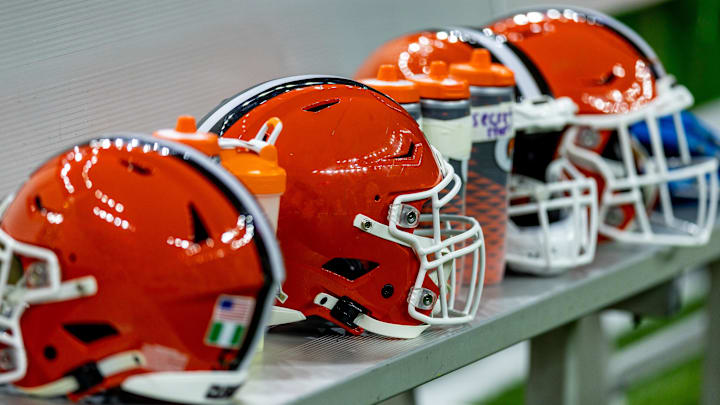 Nov 17, 2024; New Orleans, Louisiana, USA;  Detailed view of the Cleveland Browns helmets on a time out against the New Orleans Saints during the first half at Caesars Superdome. Mandatory Credit: Stephen Lew-Imagn Images