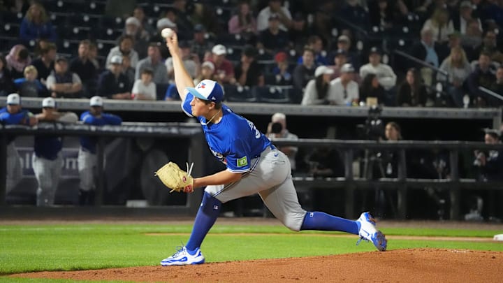 Tampa, Florida, USA; Toronto Blue Jays pitcher Jake Bloss (39) throws a pitch against the New York Yankees during the first inning at George M. Steinbrenner Field.