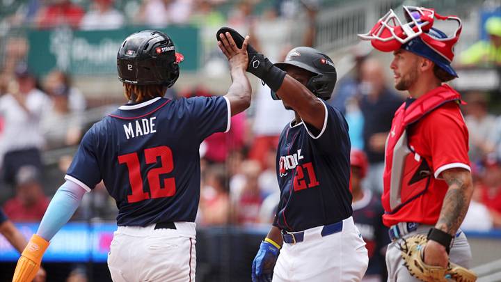 Jul 12, 2025; Atlanta, GA, USA;  National League outfielder Josue De Paula (46) of the Los Angeles Dodgers scores a run during the sixth inning against American League at Truist Park. Mandatory Credit: Brett Davis-Imagn Images