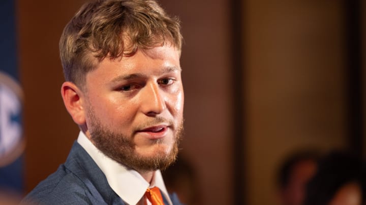 Jul 17, 2024; Dallas, TX, USA; Texas quarterback Quinn Ewers speaking at Omni Dallas Hotel. Mandatory Credit: Brett Patzke-USA TODAY Sports