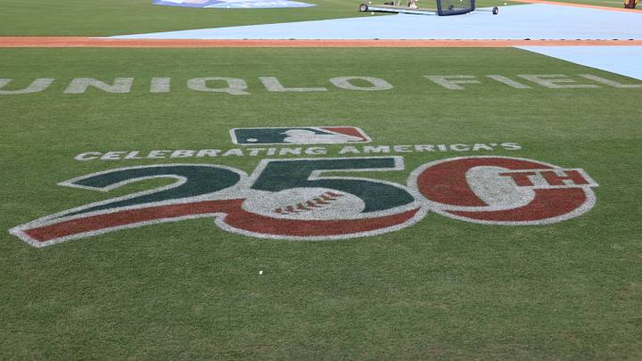 Jul 4, 2026; Los Angeles, California, USA; A detailed view of the 250th anniversary logo at Dodger Stadium before the game between the Los Angeles Dodgers and San Diego Padres. Mandatory Credit: Kiyoshi Mio-Imagn Images Jul 4, 2026; Los Angeles, California, USA; A detailed view of the 250th anniversary logo at Dodger Stadium before the game between the Los Angeles Dodgers and San Diego Padres. Mandatory Credit: Kiyoshi Mio-Imagn Images
