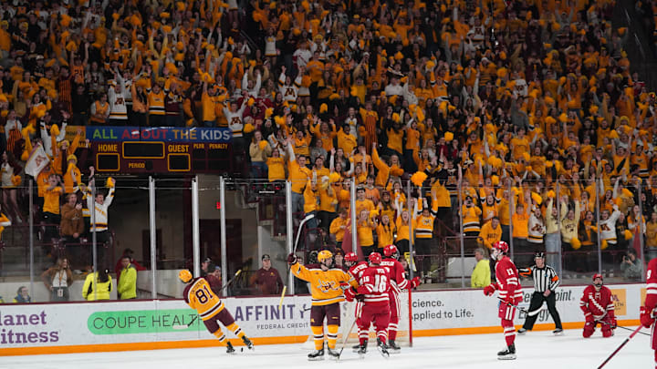 Minnesota and its fans celebrate a goal during a college men's hockey game against Wisconsin on Saturday, Feb. 1, 2025, at 3M Arena at Mariucci in Minneapolis. 