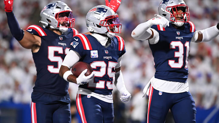 Oct 5, 2025; Orchard Park, New York, USA; New England Patriots cornerback Marcus Jones (25) reacts after an interception against the Buffalo Bills during the second half at Highmark Stadium. Mandatory Credit: Mark Konezny-Imagn Images Oct 5, 2025; Orchard Park, New York, USA; New England Patriots cornerback Marcus Jones (25) reacts after an interception against the Buffalo Bills during the second half at Highmark Stadium. Mandatory Credit: Mark Konezny-Imagn Images